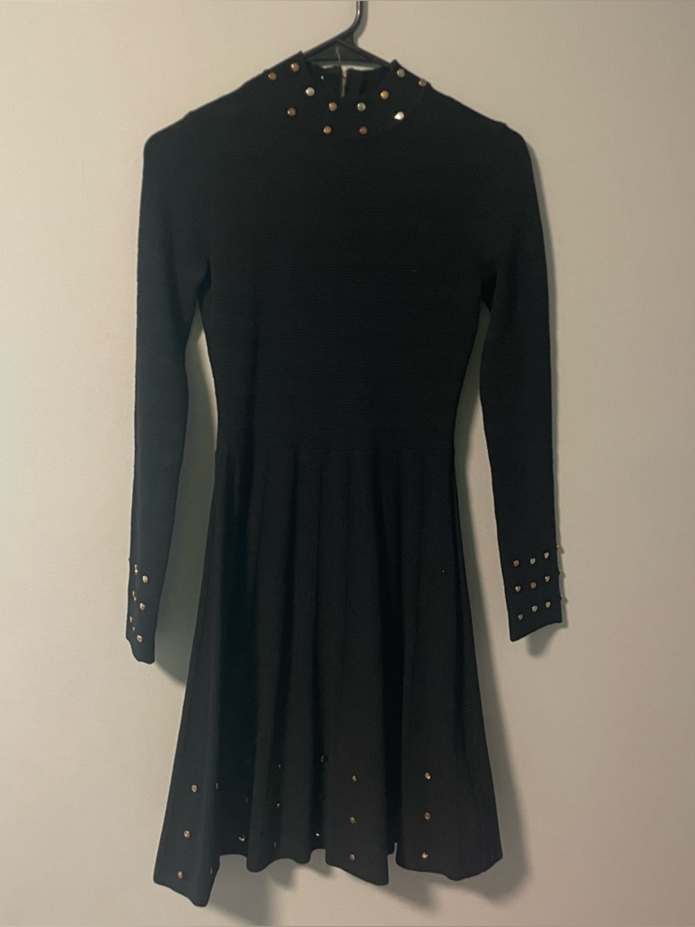 Vince Camuto Metallic Rivet Detail Long Sleeve Fit & Flare Studded Knit Dress XS